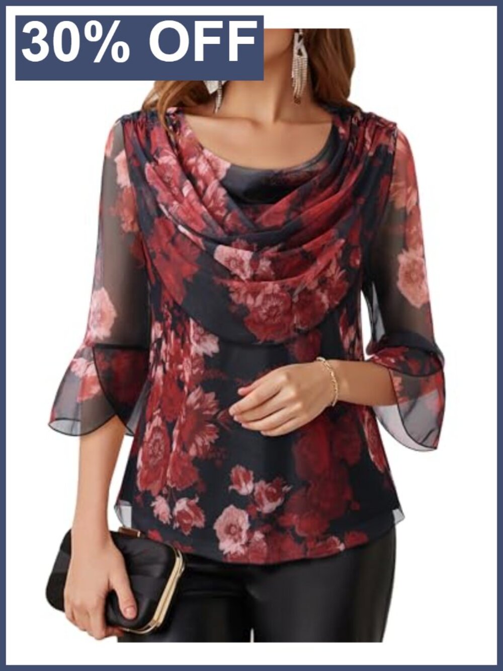 Lotusmile Dressy Casual Blouse with 3/4 Sleeve and Cowl Neck